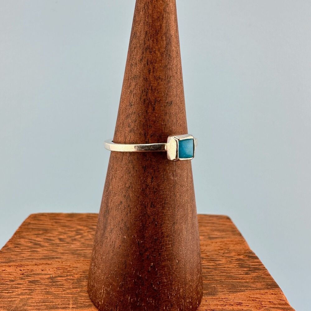Vintage 925 Sterling Silver Turquoise Ring Square Minimalist Dainty Size 7.75" - Picture 2 of 12